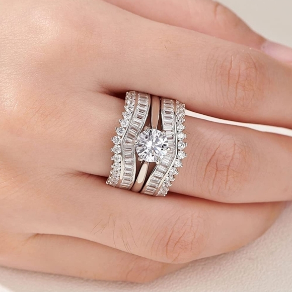 3.5ct Round Cut Diamond Engagement Ring Wedding Band 2 PC Set Enhancer S925 - Picture 4 of 4